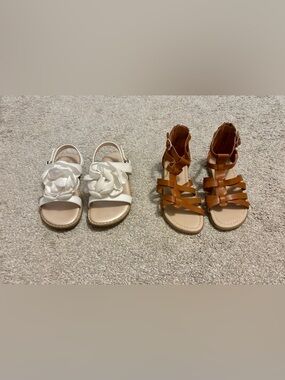 Girls White Flower Sandals & Tan Strappy Gladiator Sandals Size 11
